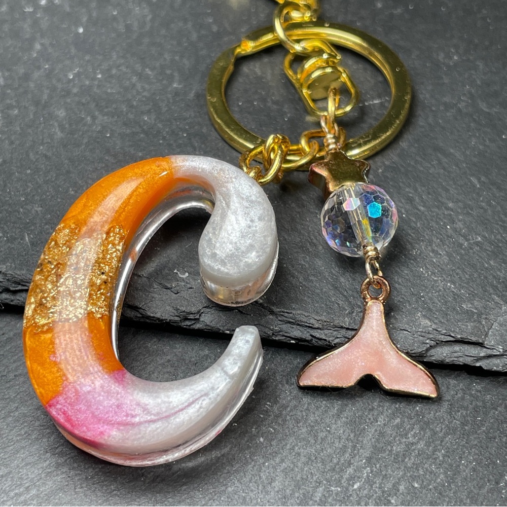 Custom Orange, Pink and Cream Letter “C” Keychain With Gold Foil Inlay - Picture 3 of 7